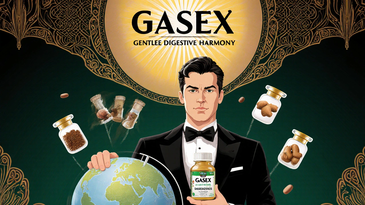 A man stands beside a globe with floating herbal ingredients, radiating harmony in gold and emerald tones.