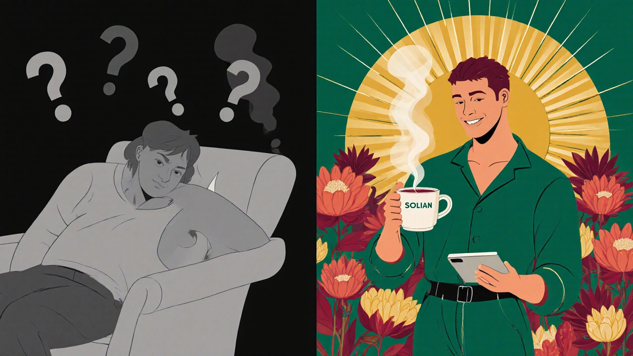 Person standing between dull and vibrant worlds, symbolizing Solian&#039;s transformative effect