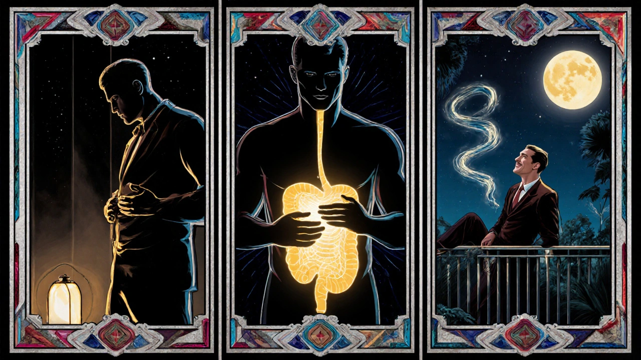 Three-panel scene showing relief from bloating: discomfort, tablet intake, then calm under moonlight.