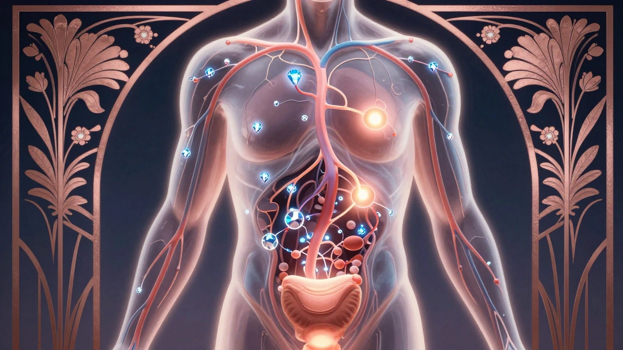 Transparent human body with healing light paths showing Duricef targeting infections in skin, urinary tract, and throat.