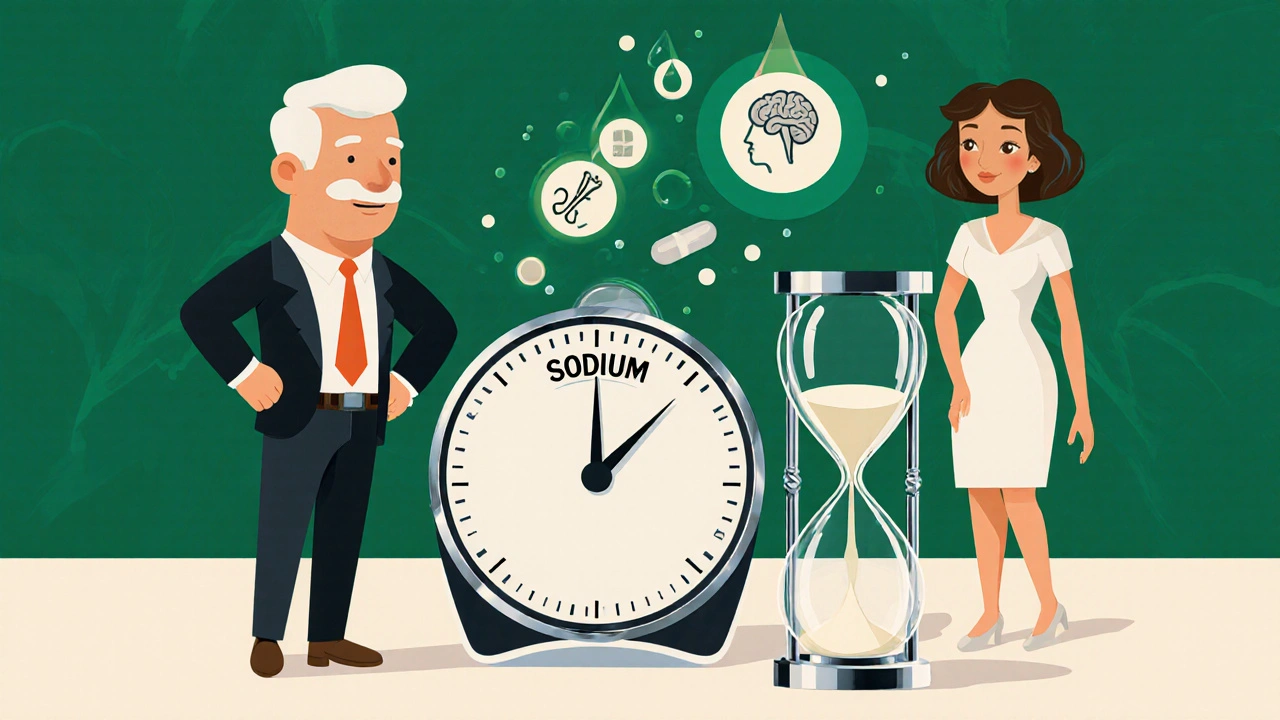 A couple beside a scale and kidney-shaped hourglass, representing balanced sodium and kidney health.