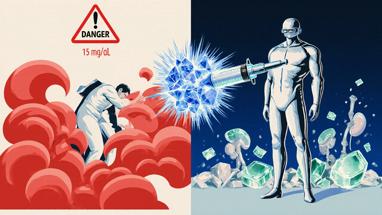 A split illustration showing high calcium danger versus calcitonin's rapid rescue with geometric energy waves.