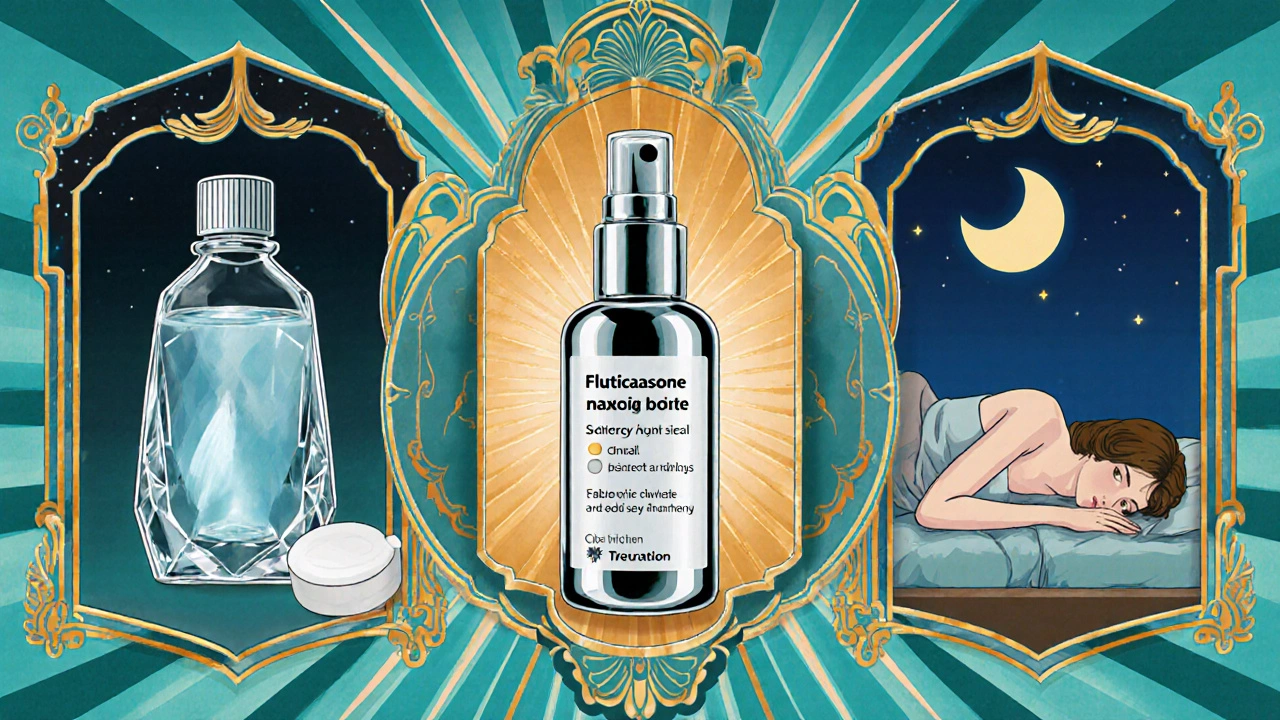 Art Deco collage showing fluticasone spray, saline rinse, antihistamine pill, and sleeping pregnant woman.