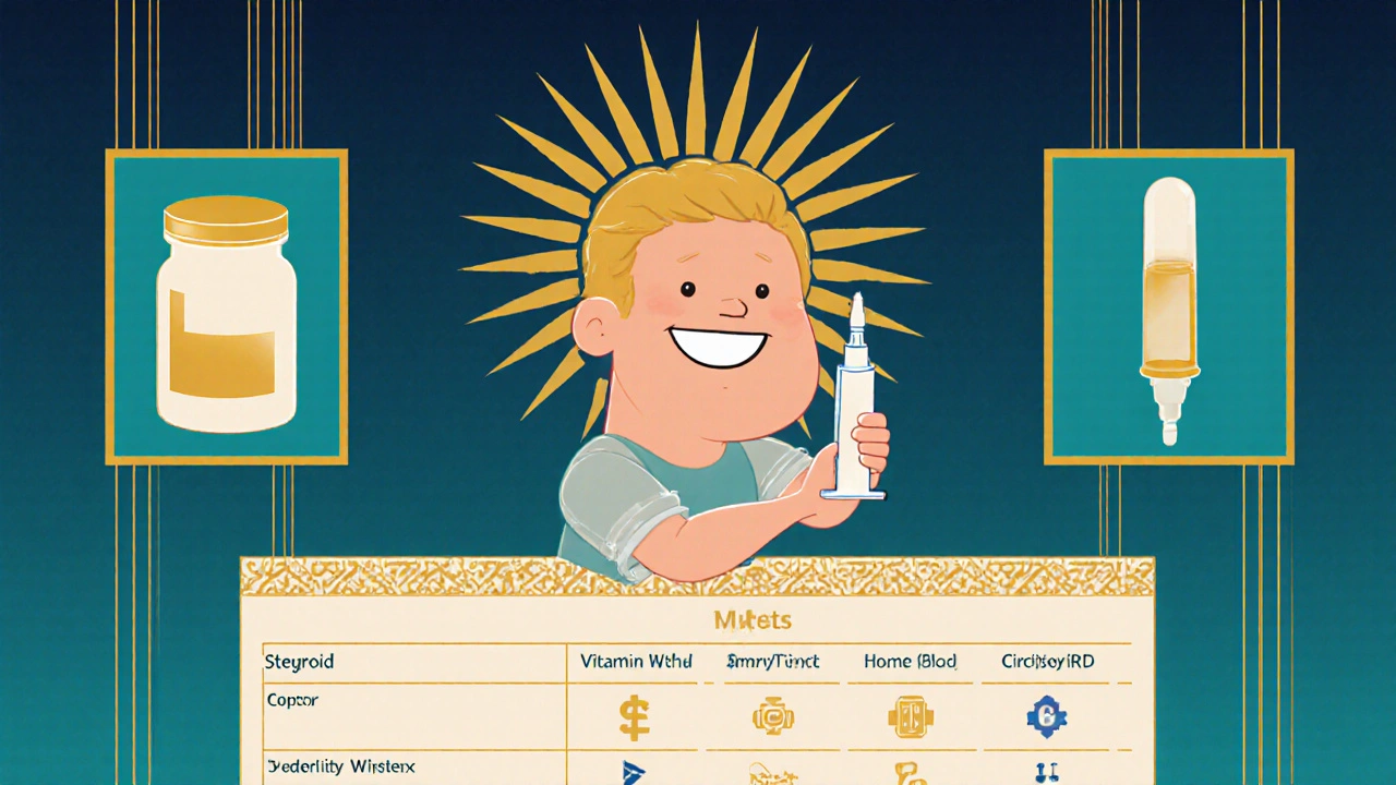 Art Deco illustration of a person with clear skin holding ciclopirox, flanked by icons comparing it to steroids and vitamin D.