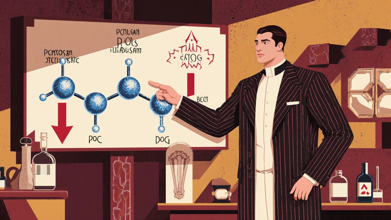 Art Deco lab scene with a scientist highlighting a PPS molecule and animated chondrocytes creating proteoglycans.