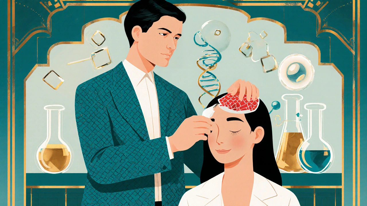 Art Deco scene of a dermatologist applying ciclopirox to a scalp plaque beside a stylized lab illustrating metal chelation.