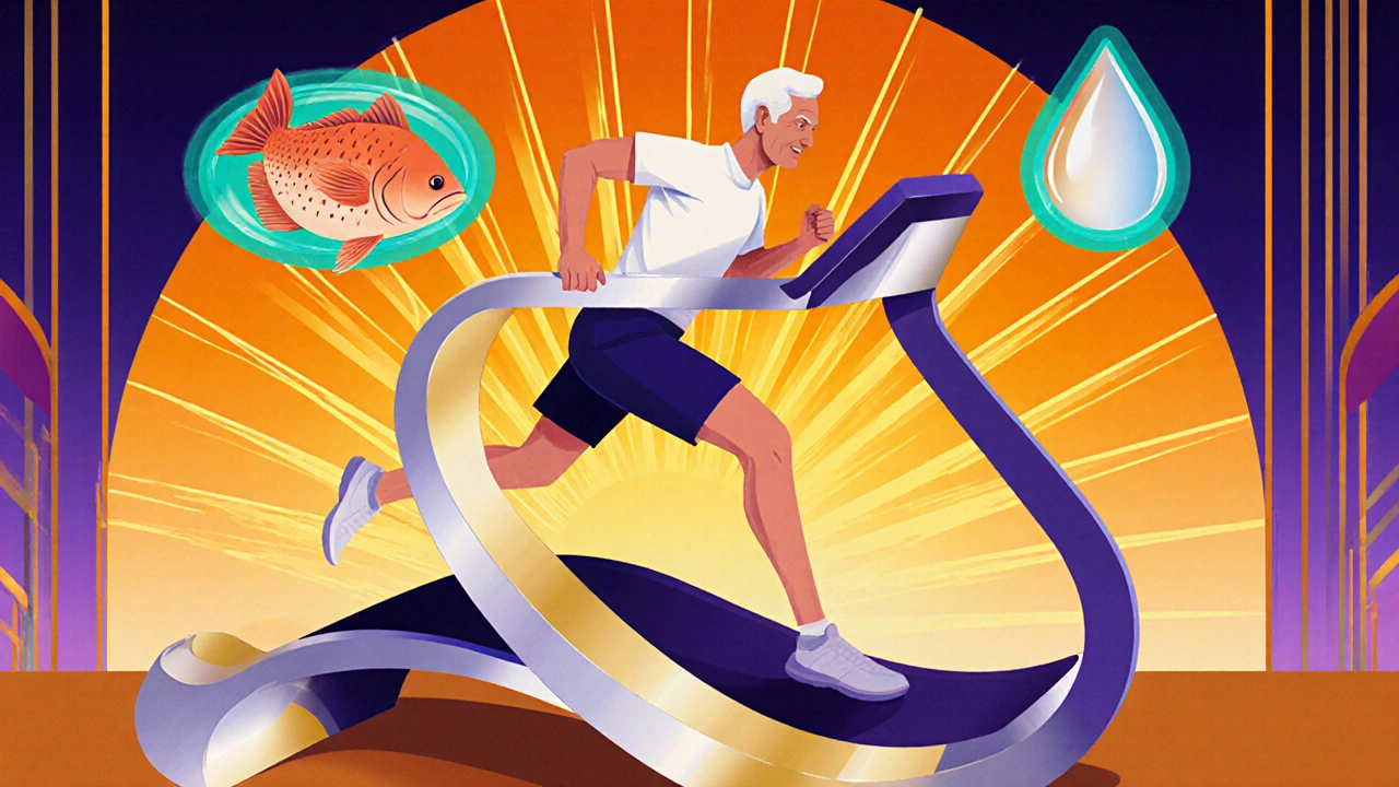 Art Deco style poster of a senior doing low‑impact exercise with glowing joints and health‑symbol hints.