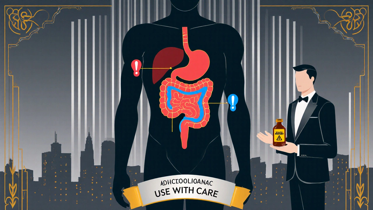 Art Deco warning poster highlighting stomach, heart, and kidney risks with a pharmacist.