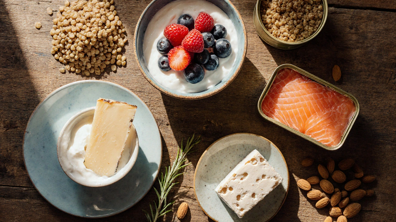 Assortment of Greek yogurt, cheese, salmon, tofu, lentils, and almonds on a wooden table.
