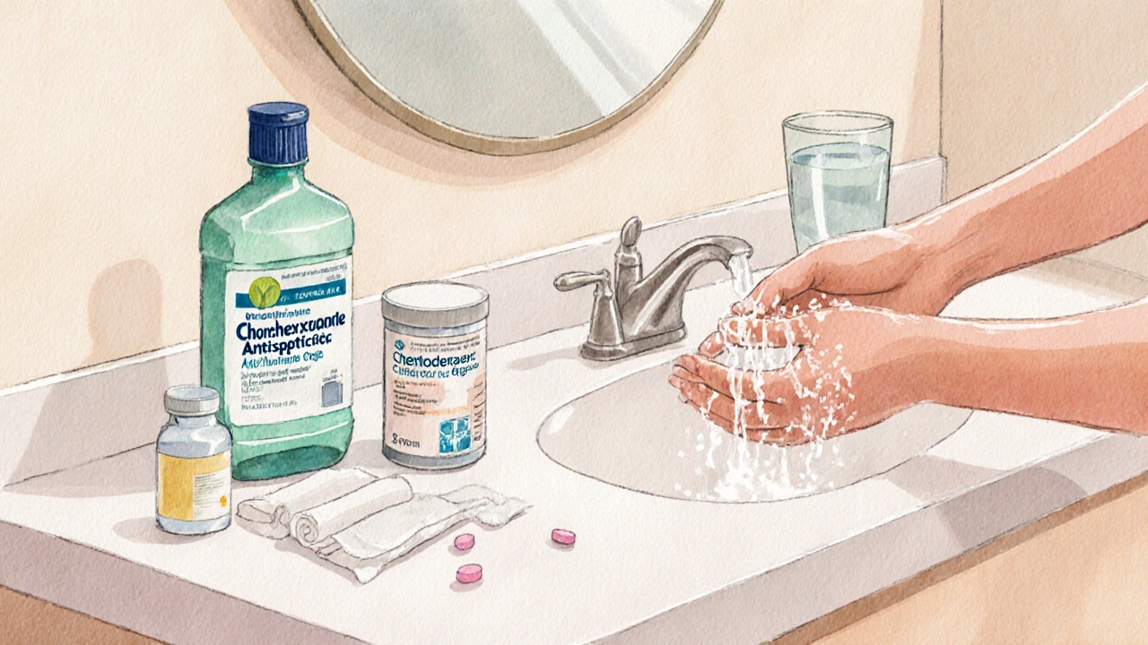 Bathroom counter displaying wound‑care supplies and antibiotic medication.