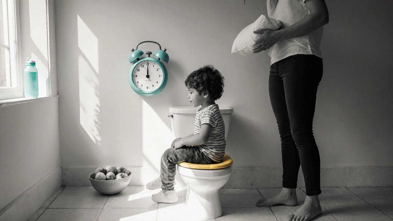 Child following a timed voiding routine, holding a water bottle and pillow for pelvic‑floor exercise.