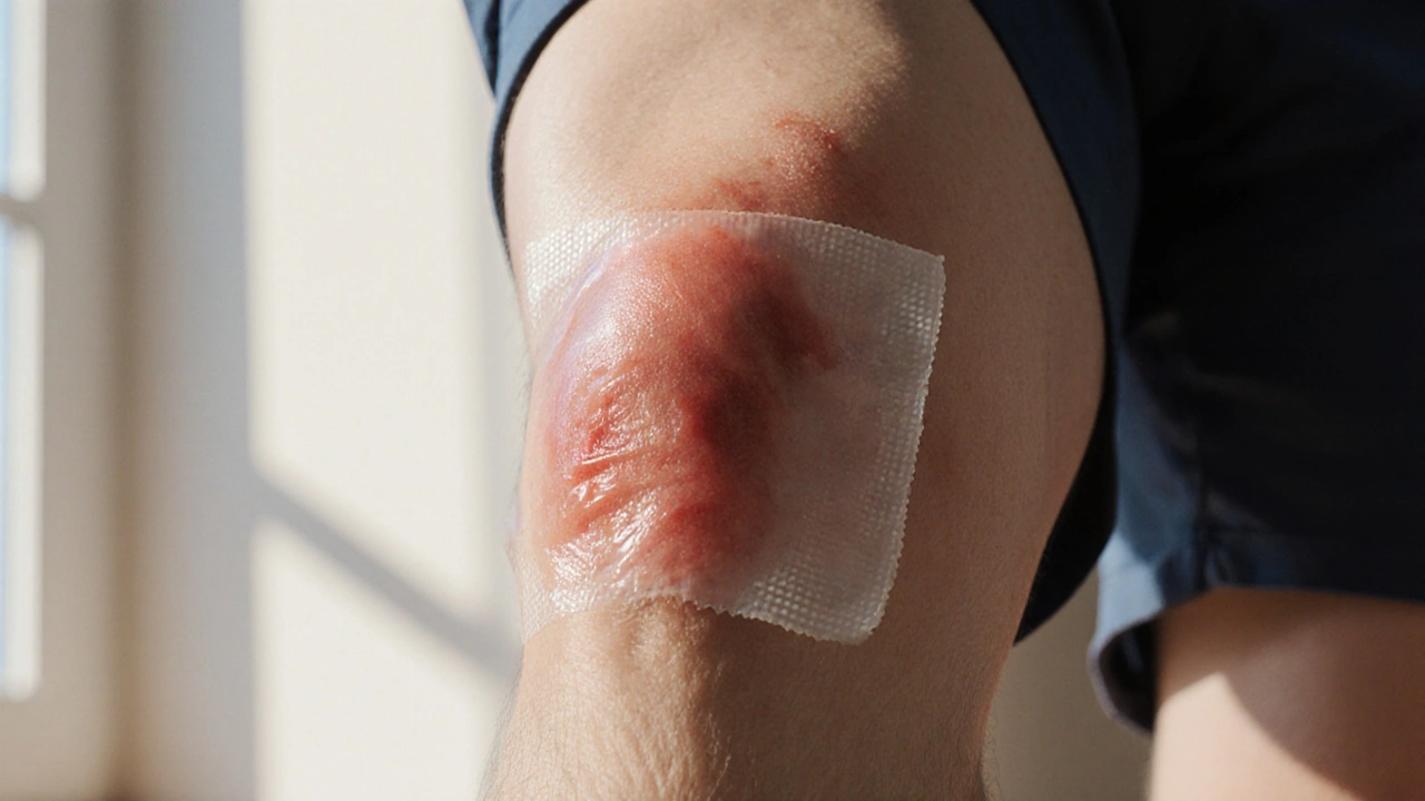 Close‑up of a reddened, swollen abrasion on a leg with a moist dressing.