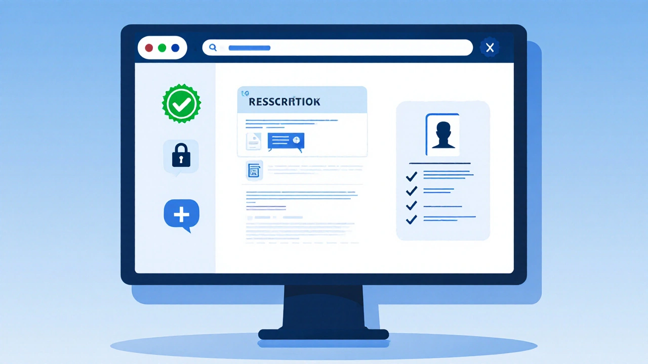 Computer screen showing verification icons, prescription upload and secure lock.