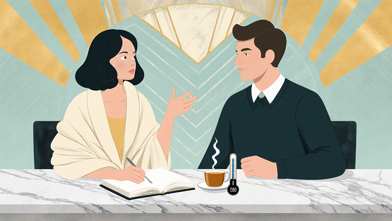 Couple at kitchen table sharing tea and notes, discussing symptoms, Art Deco style.