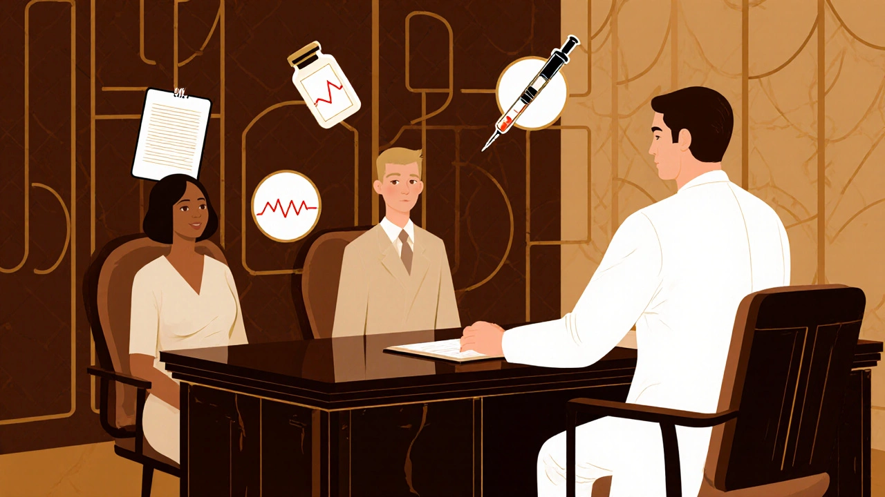 Couple consulting doctor with floating symbols of health and libido, Art Deco scene.