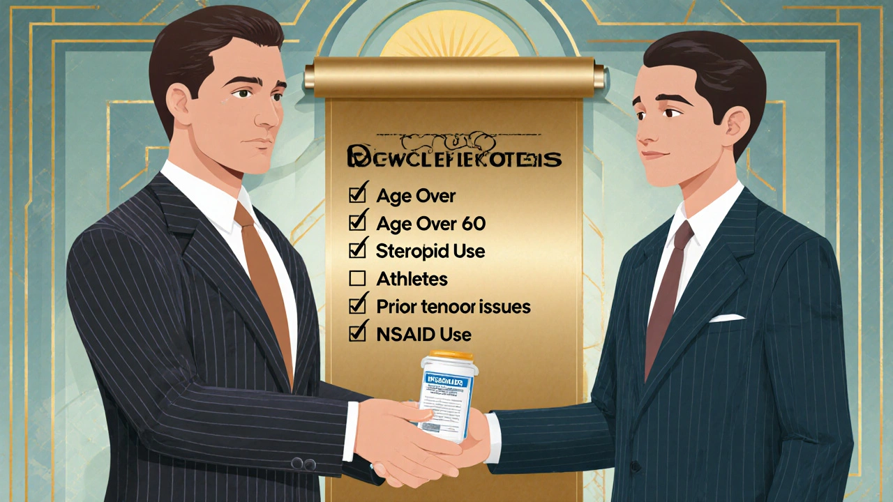Doctor and patient reviewing tendonitis risk checklist in Art Deco style.