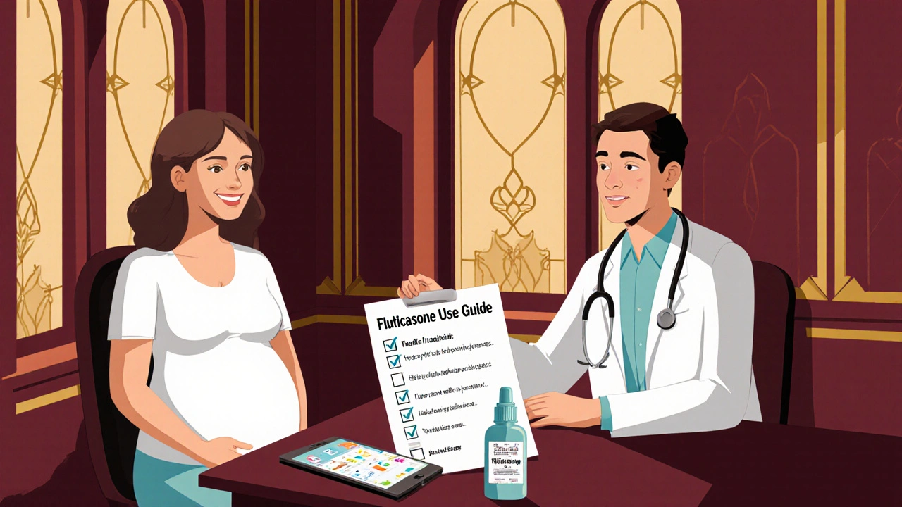 Doctor and pregnant patient reviewing a checklist with a fluticasone bottle in an Art Deco clinic.
