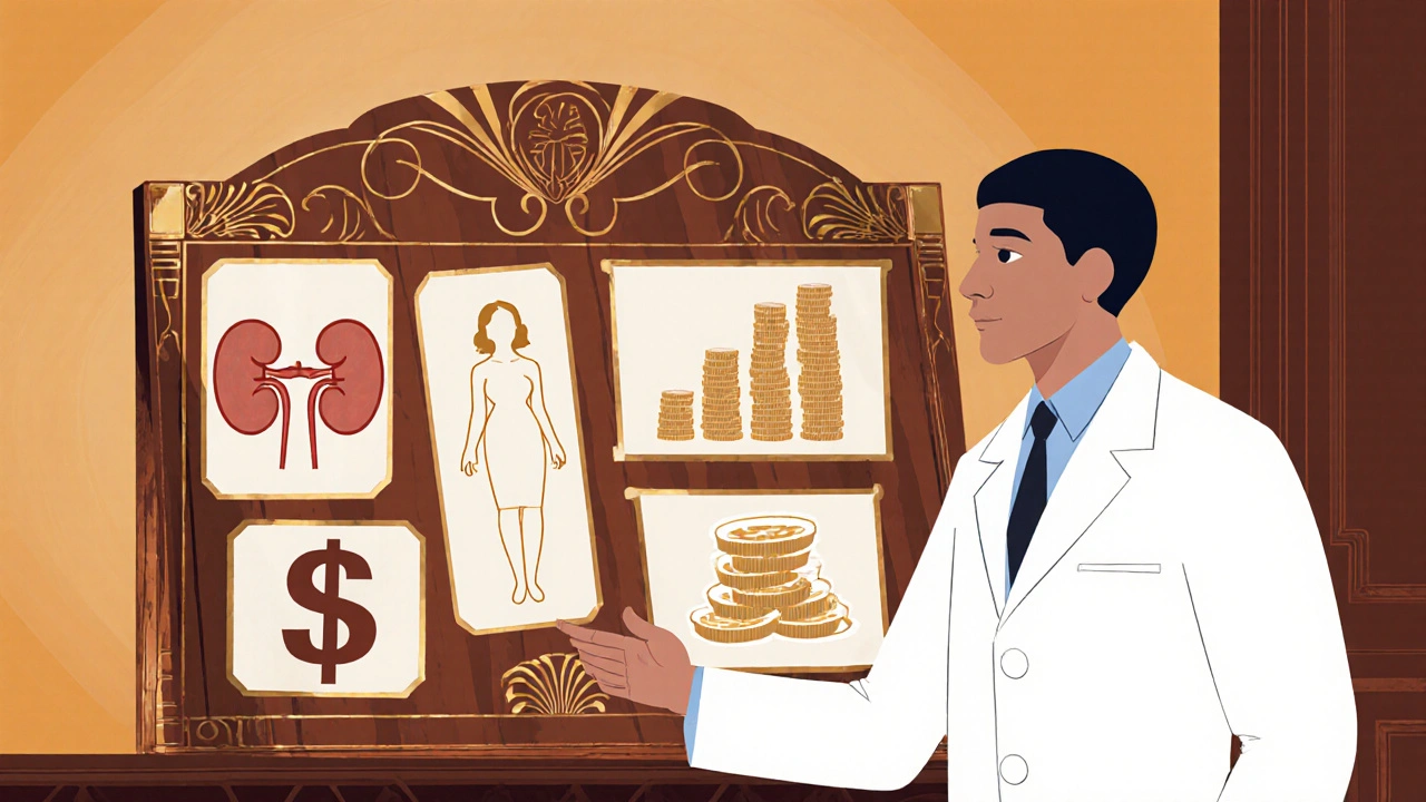 Doctor reviewing icons for kidney health, pregnancy, and cost on an elegant Art Deco board.