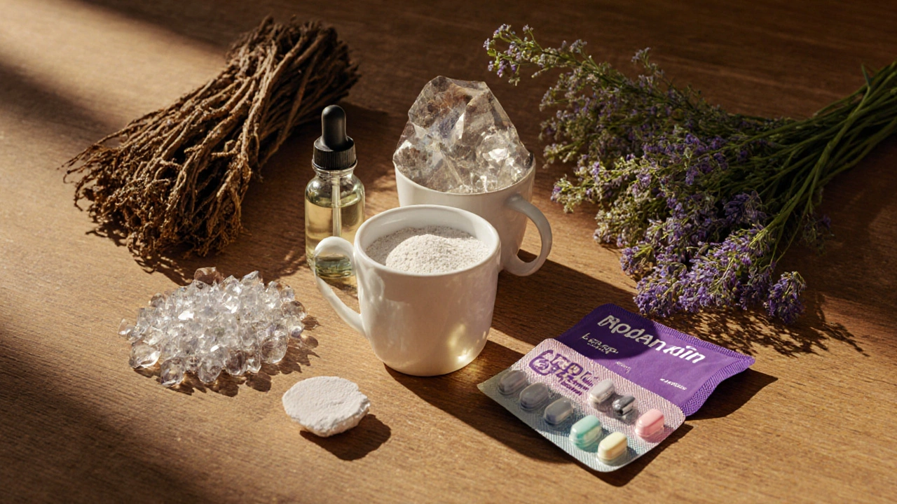 Flat lay of sleep aid items: valerian root, magnesium crystals, tea cup, CBD oil, Zolpidem pill, 5‑HTP capsule, chamomile flowers, melatonin tablet.