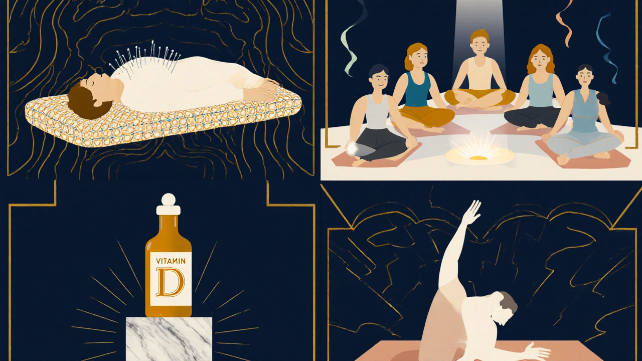 Four Art Deco panels showing acupuncture, mindfulness meditation, vitamin D supplement, and yoga for myeloma care.