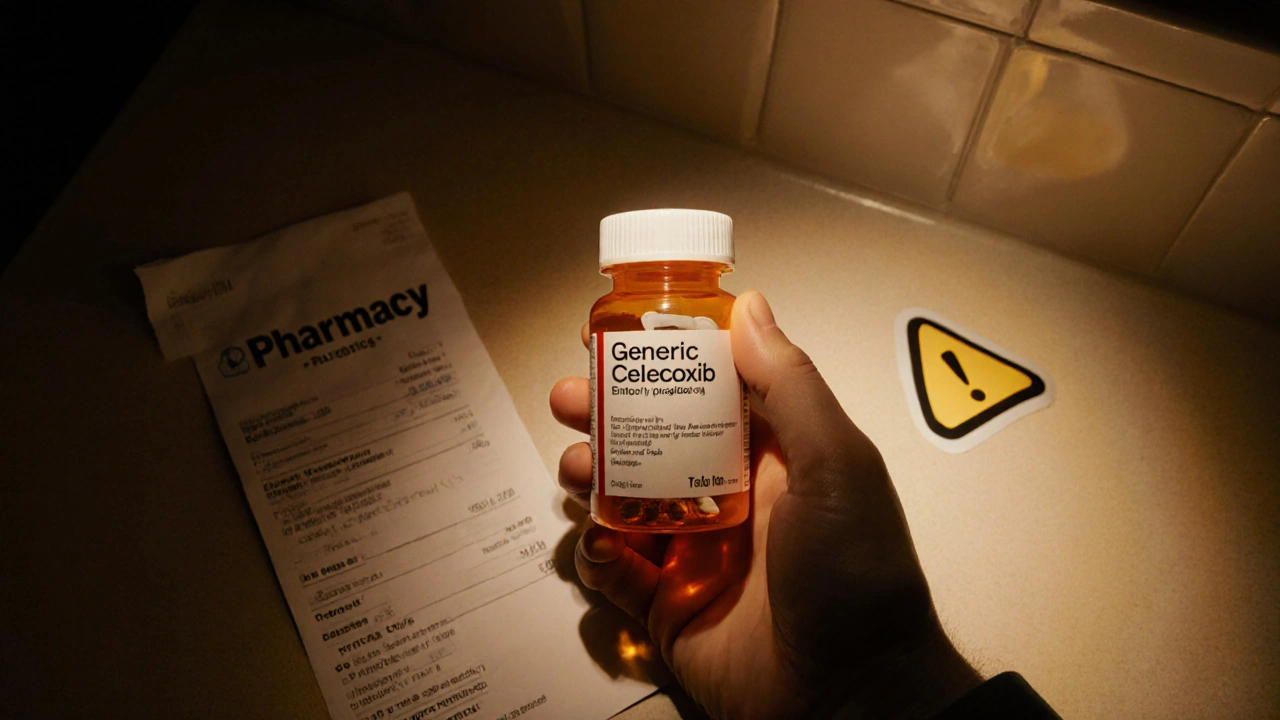 Hand inspecting a celecoxib bottle for imprint and label safety on a kitchen counter.