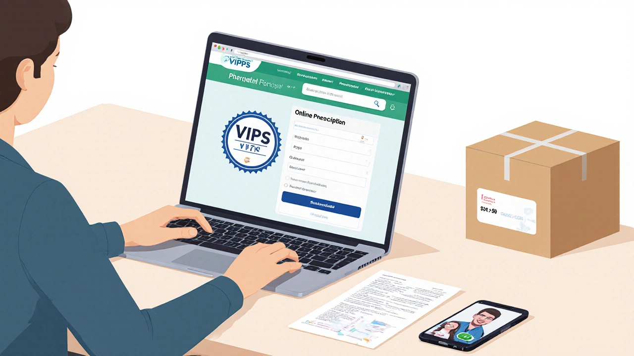 Home office with laptop, prescription, telehealth call, and discount code for buying meds online.