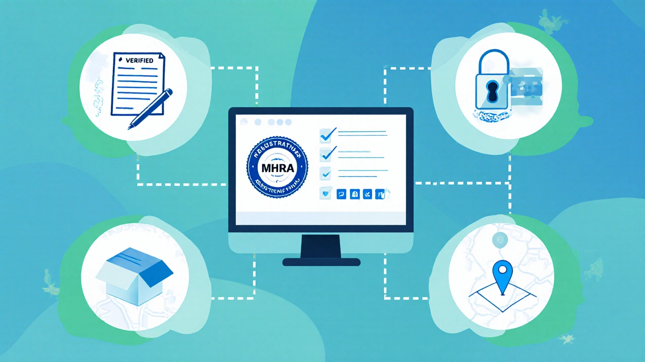 Illustrated checklist showing MHRA badge, prescription, secure lock, shipping box, and address icons.