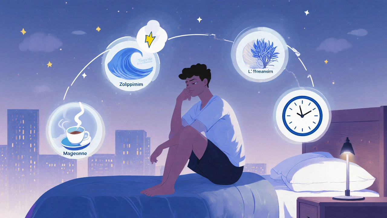 Illustrated person at bedside surrounded by icons for different sleep aids and their uses.