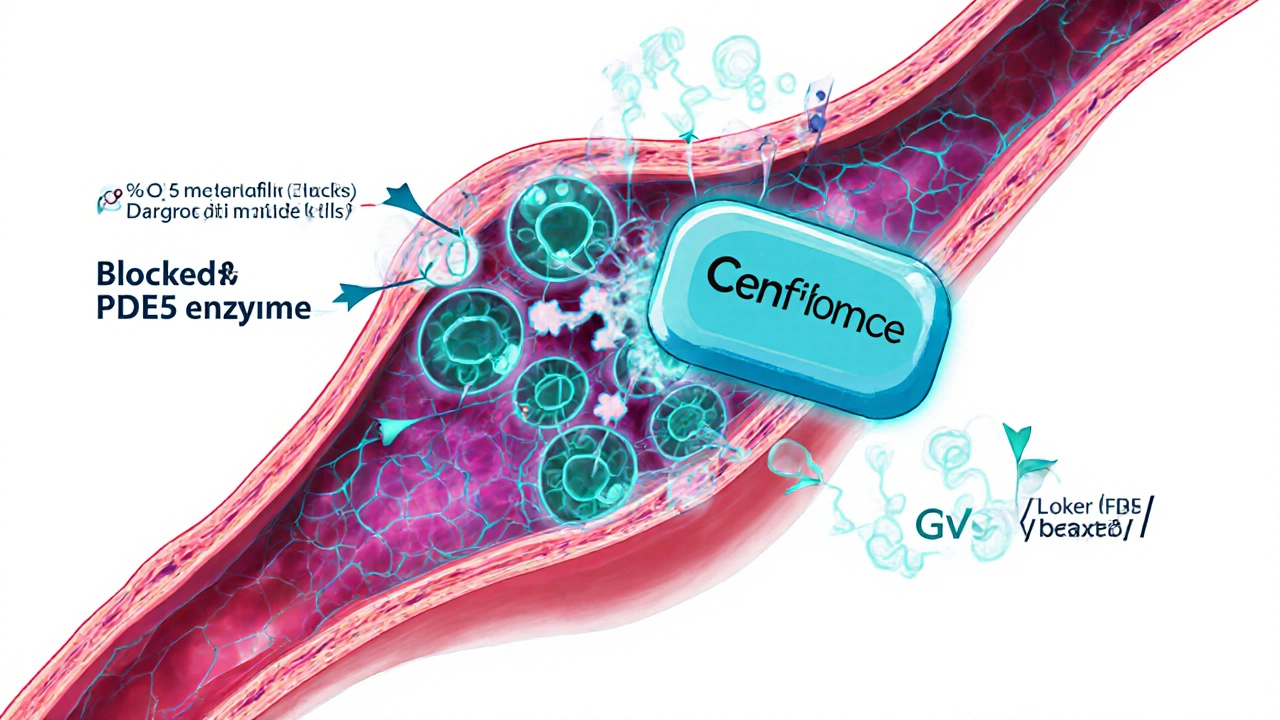 Illustration of sildenafil relaxing blood vessels in the penis.