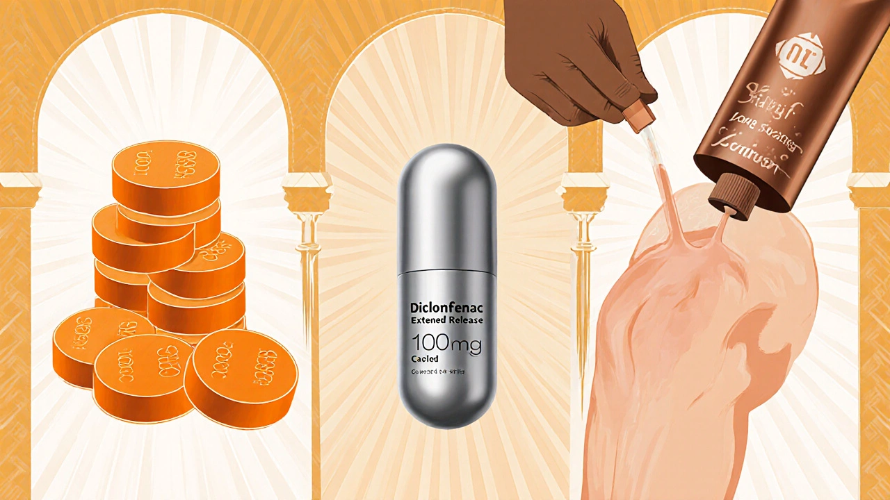 Illustration of tablets, extended‑release capsule, and gel applied to a knee joint.