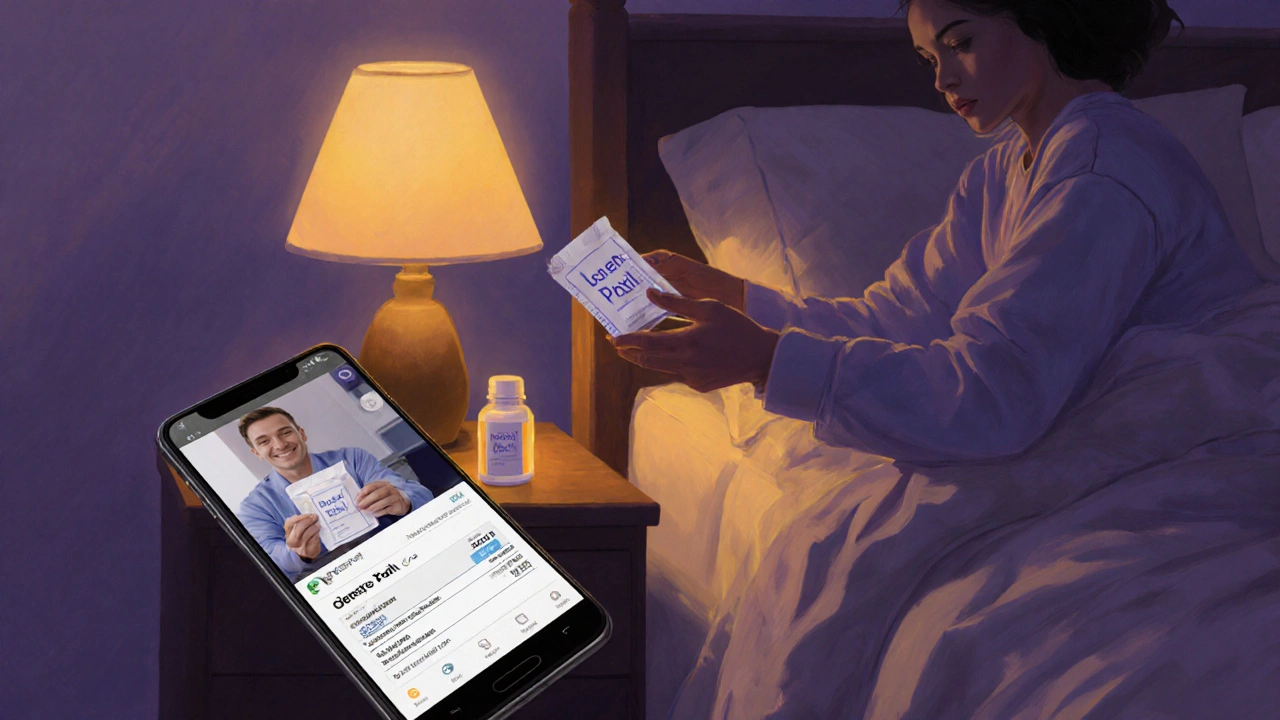 Individual opening a tamper‑evident package of generic Paxil beside a phone with telehealth call.