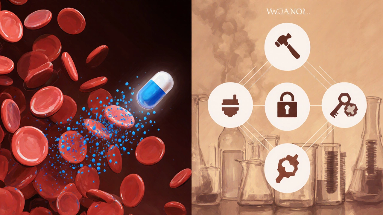 Laboratory view of platelets being affected by different drug mechanisms in vivid colors.
