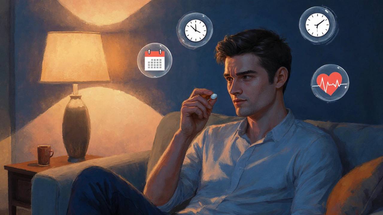Man at home weighing factors like onset, duration, cost, and health.