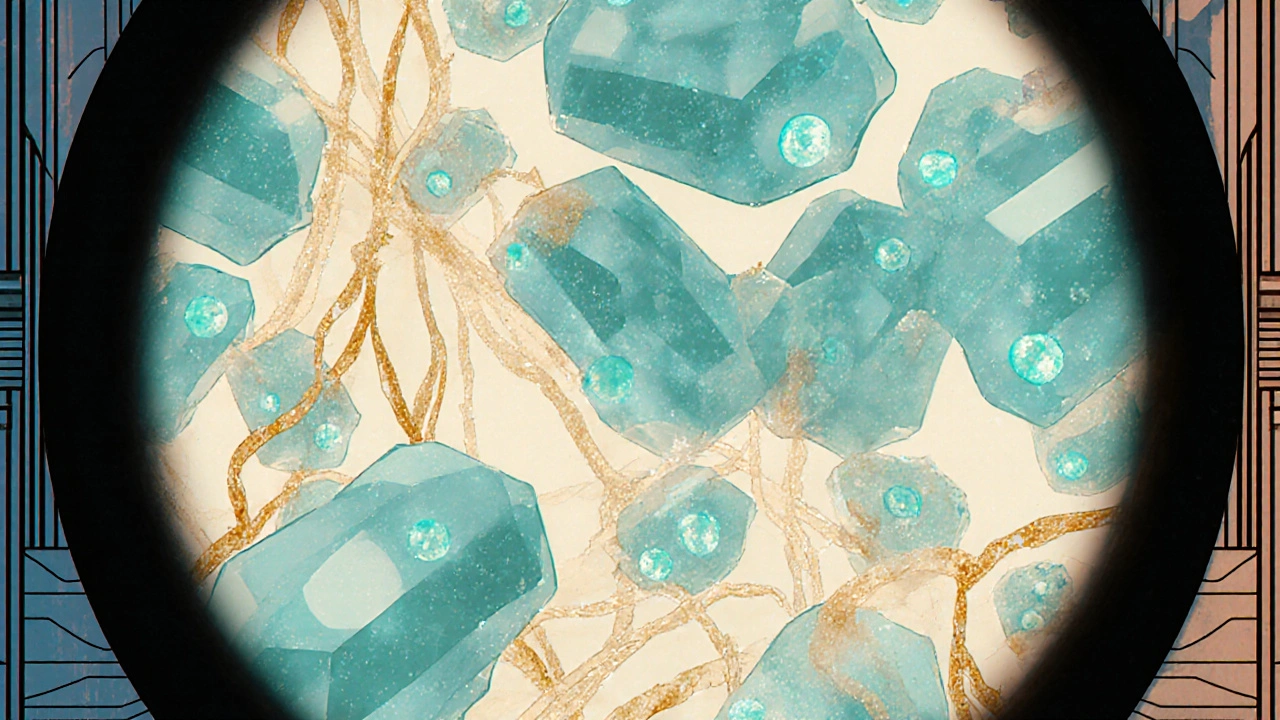 Microscopic Art Deco view of fibroblasts and frayed collagen fibers.