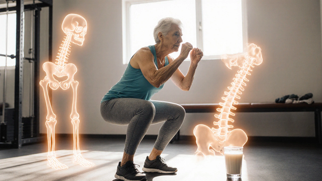Older adult woman doing squats with glowing bone outlines indicating stronger bones.