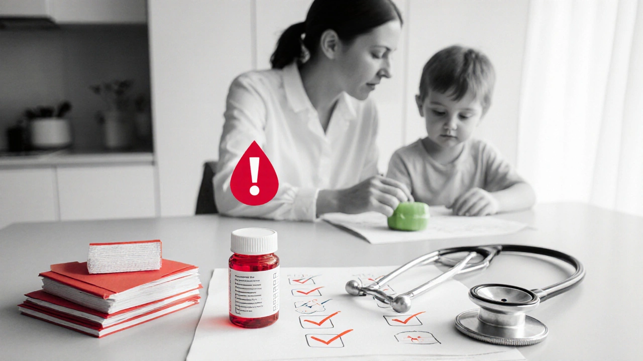 Parent and child reviewing a daily checklist, with a medication bottle and a red warning symbol nearby.