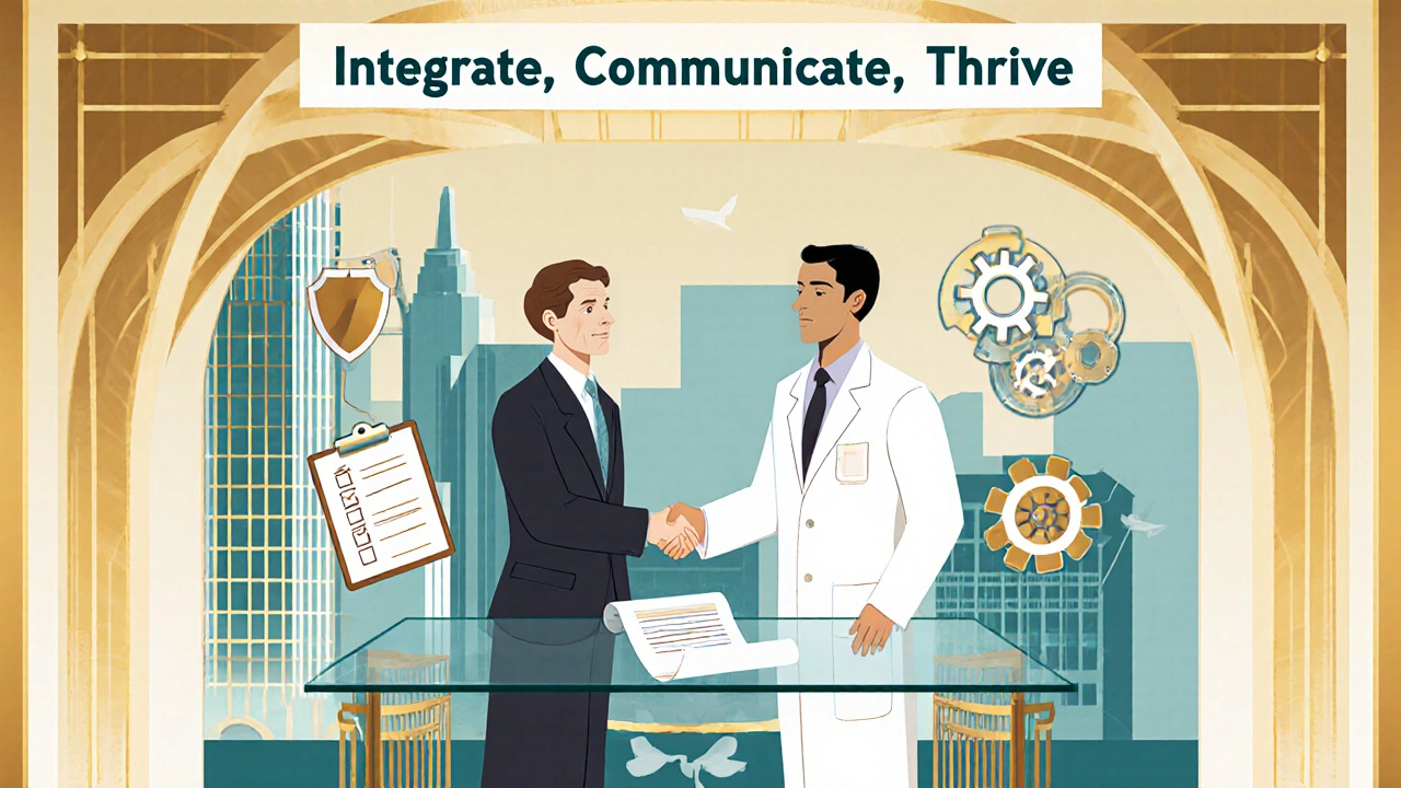 Patient and oncologist shaking hands over a checklist, with safety and coordination symbols in an Art Deco poster.