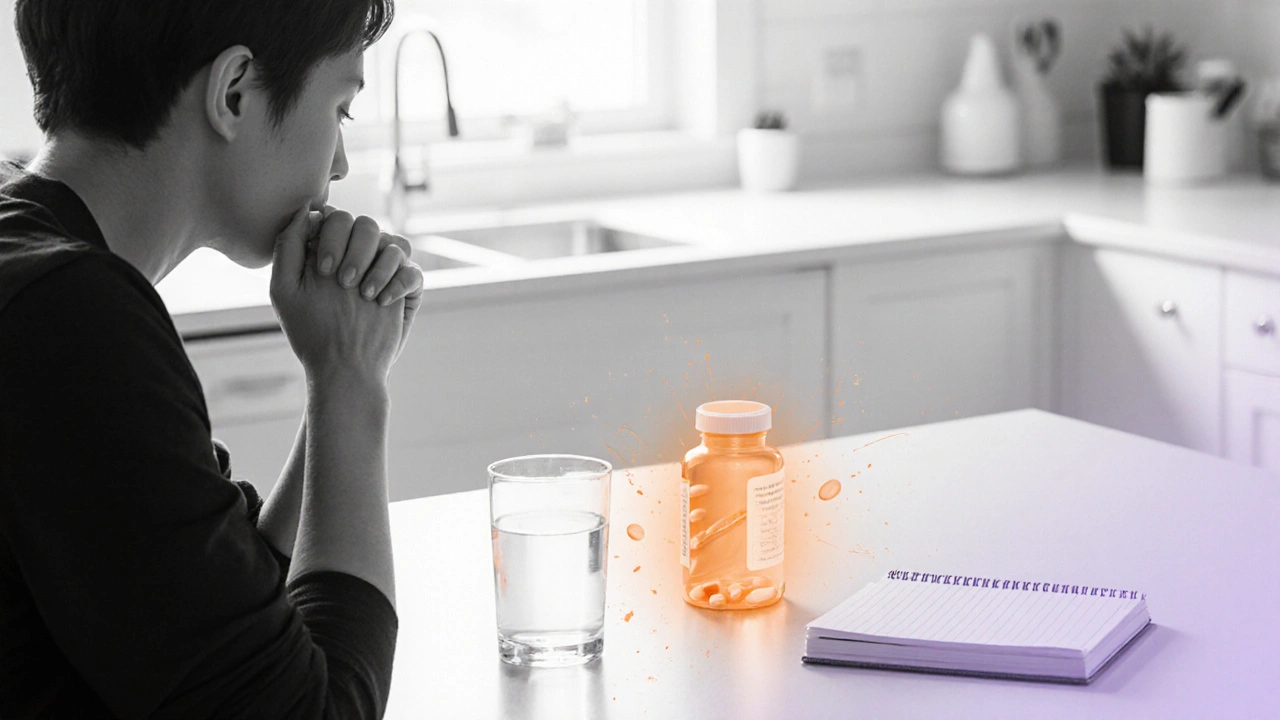 Person at kitchen table reviewing medication with subtle colored accents.