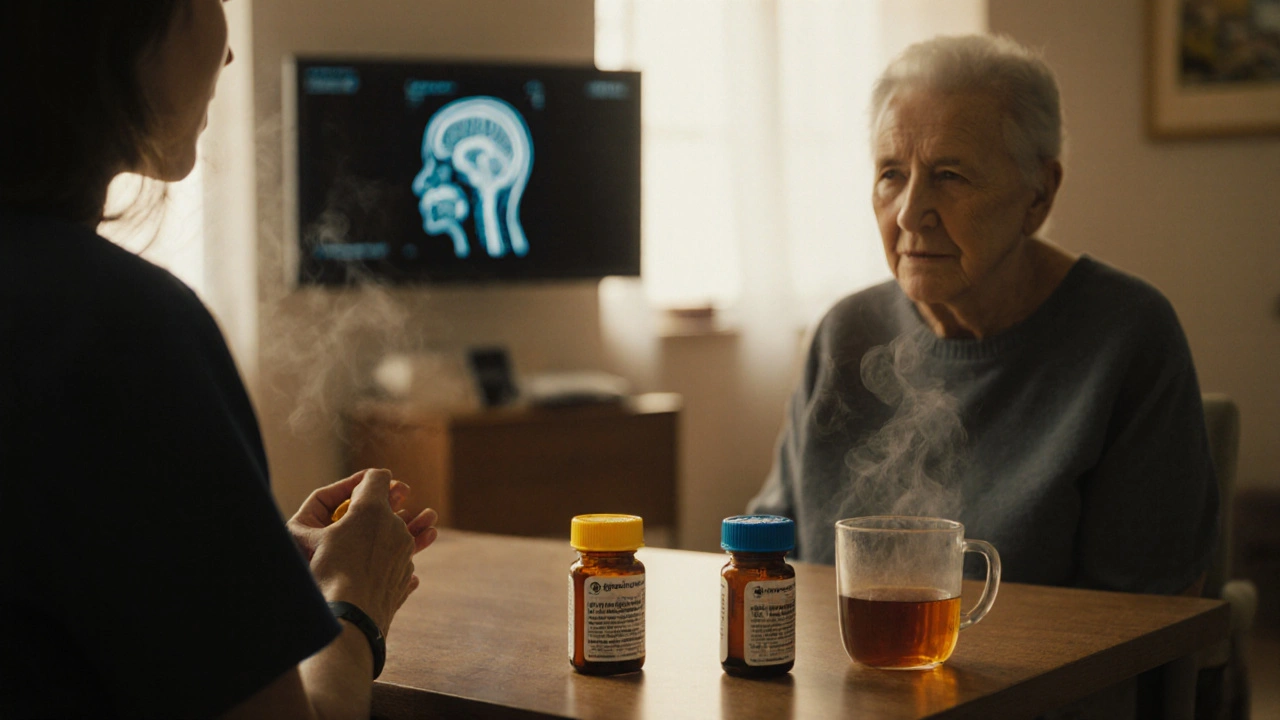 Physician counseling patient over a table with aspirin and dipyridamole bottles, soft lighting.