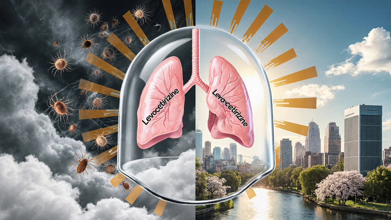 Split illustration: stormy allergens attack lungs on one side, protected lungs on the other.