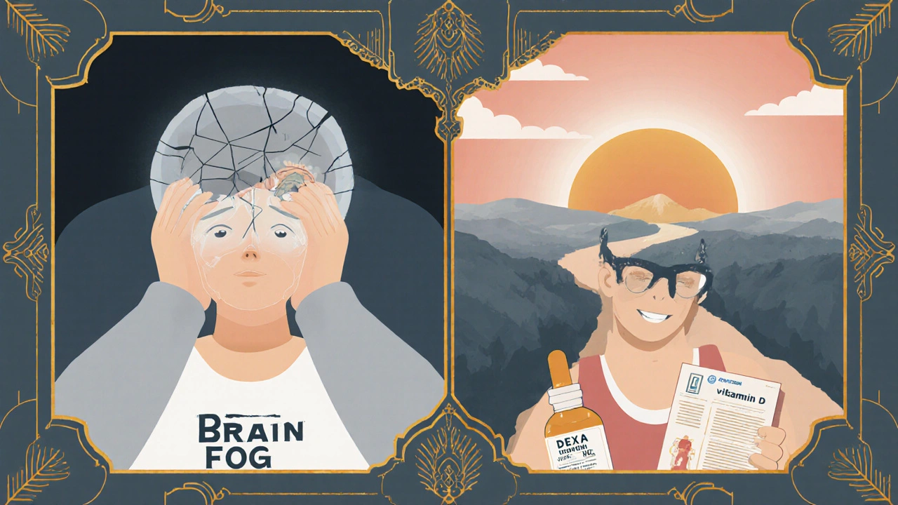 Split image of brain fog versus renewed vitality with health symbols and sunrise path.