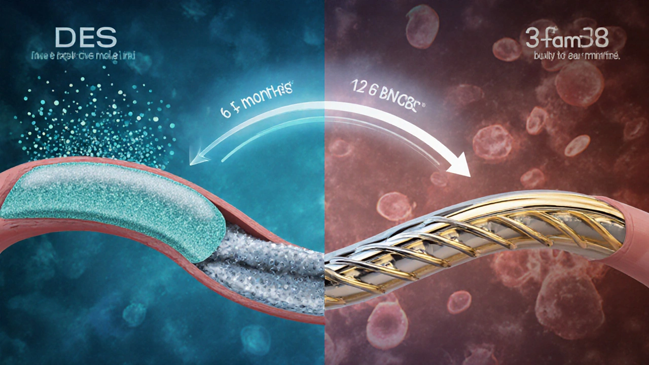 Split-screen illustration of drug‑eluting and bare‑metal stents with healing timelines over a stylized artery.