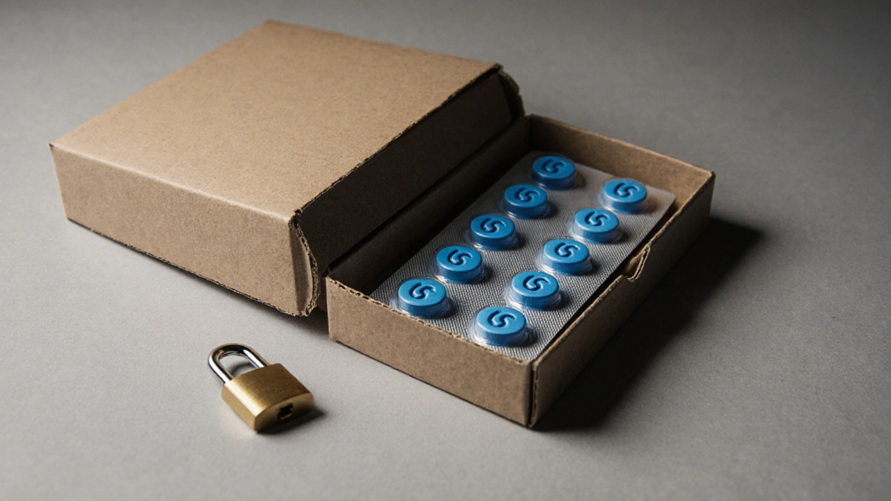 Unmarked box with sealed blister pack of blue tablets and a padlock.