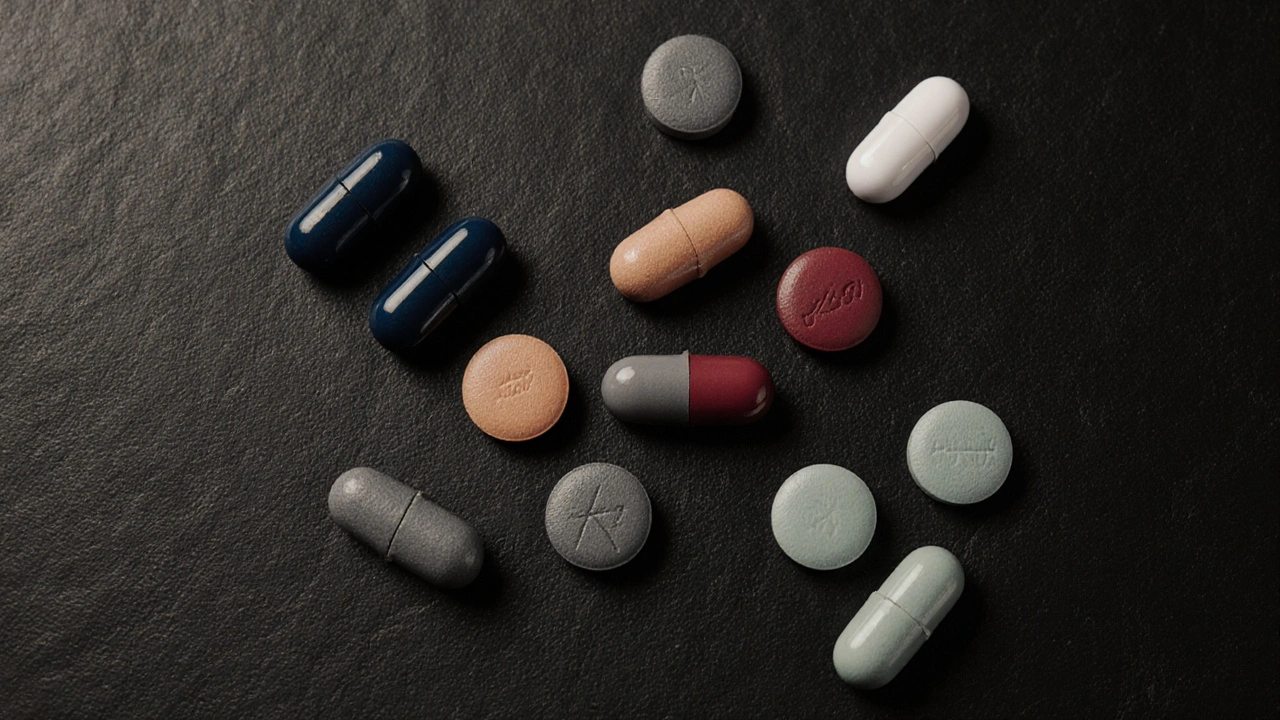Various acid‑reducer pills displayed with distinct color highlights on a dark surface.