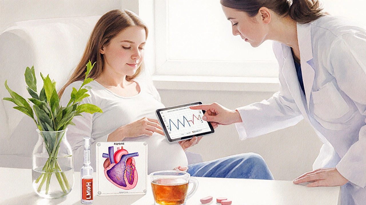 Watercolor of prenatal check‑up, cardiologist showing stent model, aspirin tablet and LMWH syringe nearby.