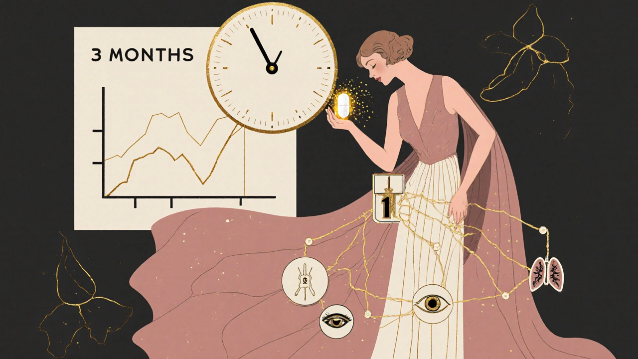 Woman holding a pill that transforms into symbols of allergy and asthma control over time.