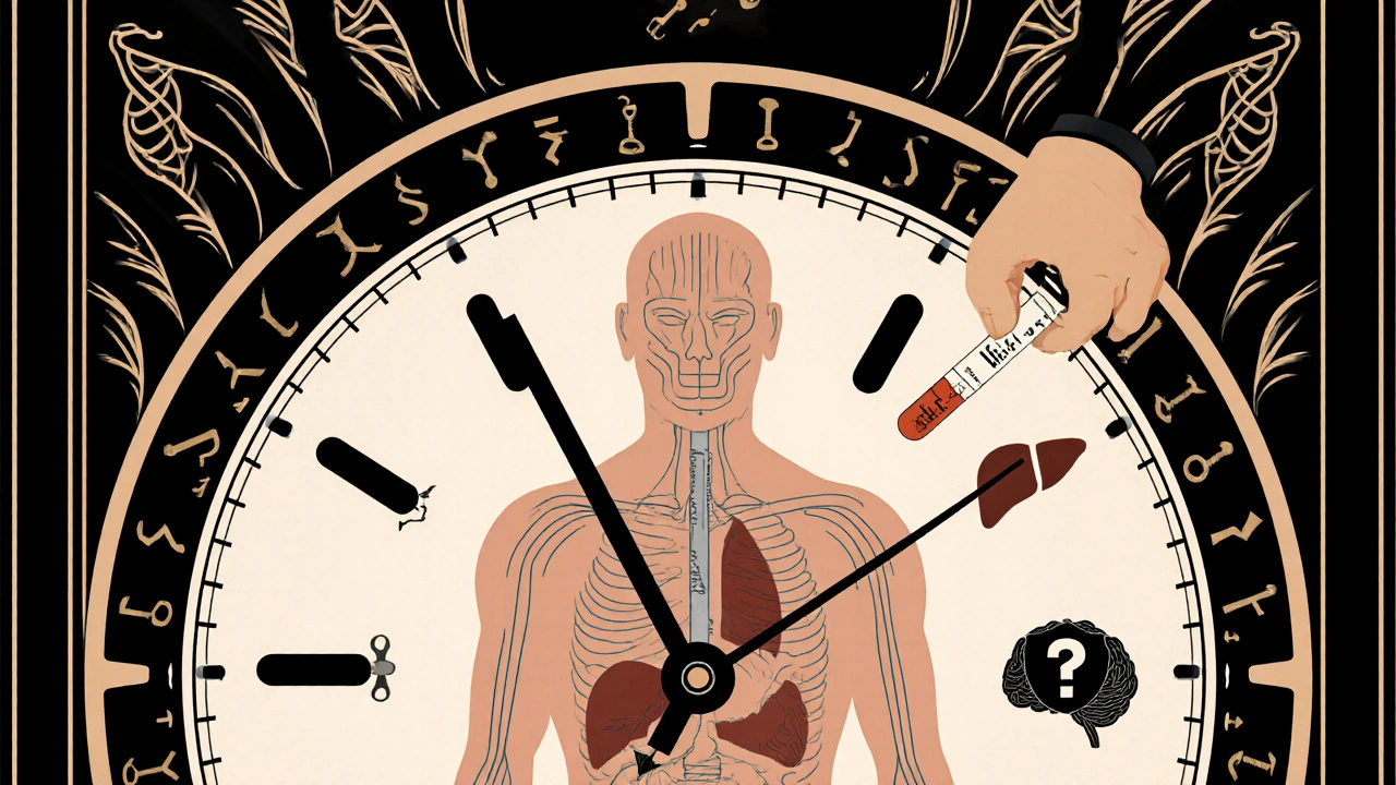 A clock with pill hands ticking over a mapped human body, showing risk symbols and a genetic test strip in Art Deco style.
