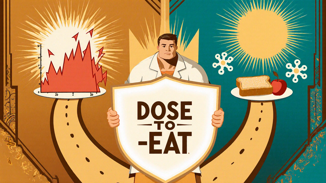 A heroic figure defends against low blood sugar chaos with a shield, flanked by healthy food and radiant sunbursts in Art Deco poster style.