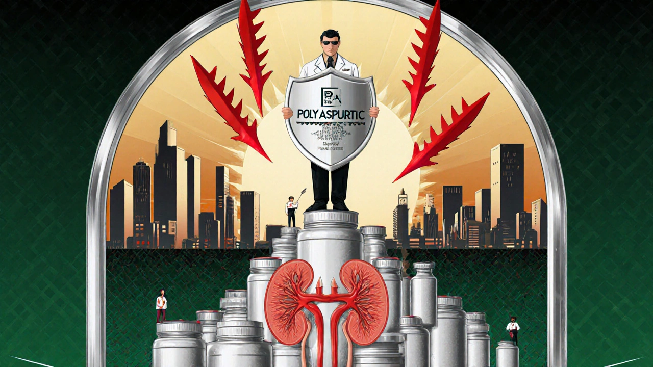 A lab hero holding a shield labeled &#039;Polyaspartic Acid&#039; protecting a kidney from toxic daggers, under a sunrise skyline shaped like tubules.