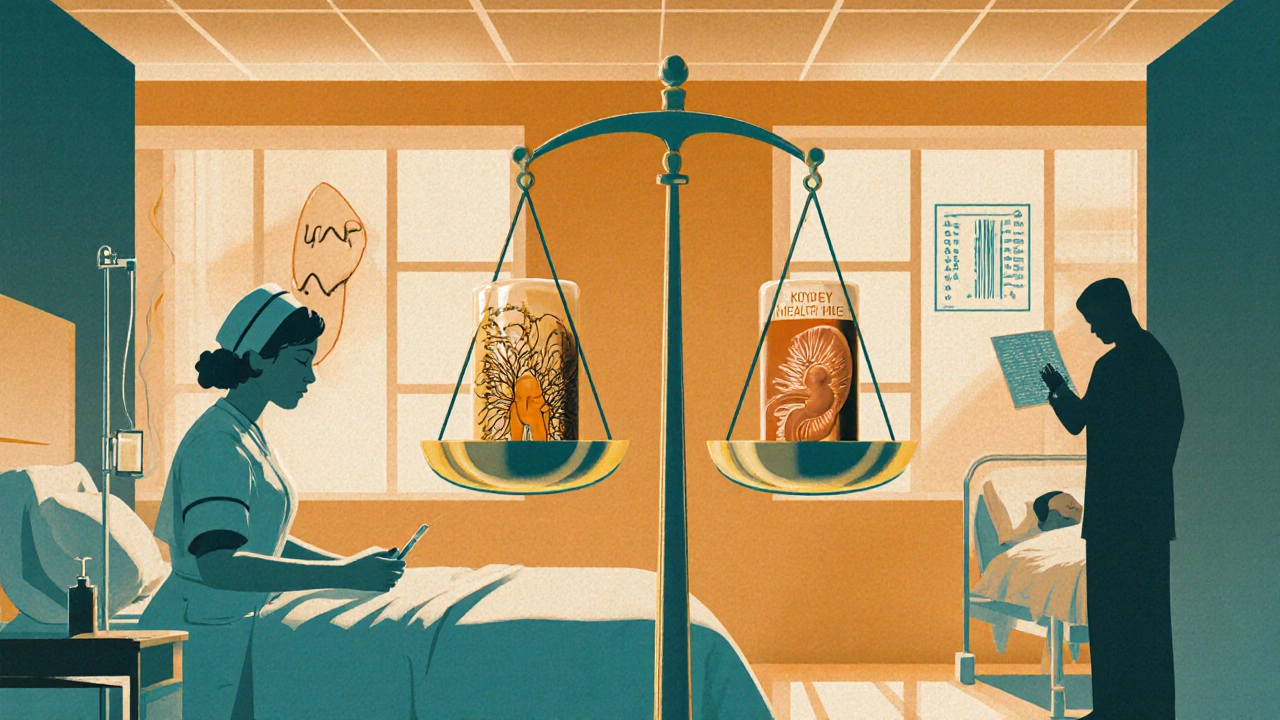 A nurse monitoring an IV while golden scales weigh kidney health against hearing in a geometric hospital scene.